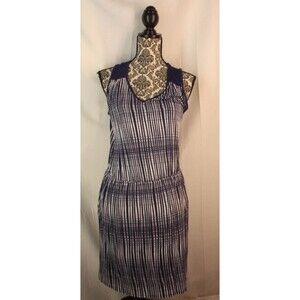 Anthropologie Deletta Janie Jersey Dress Size M Navy Blue & White Grid Stripe